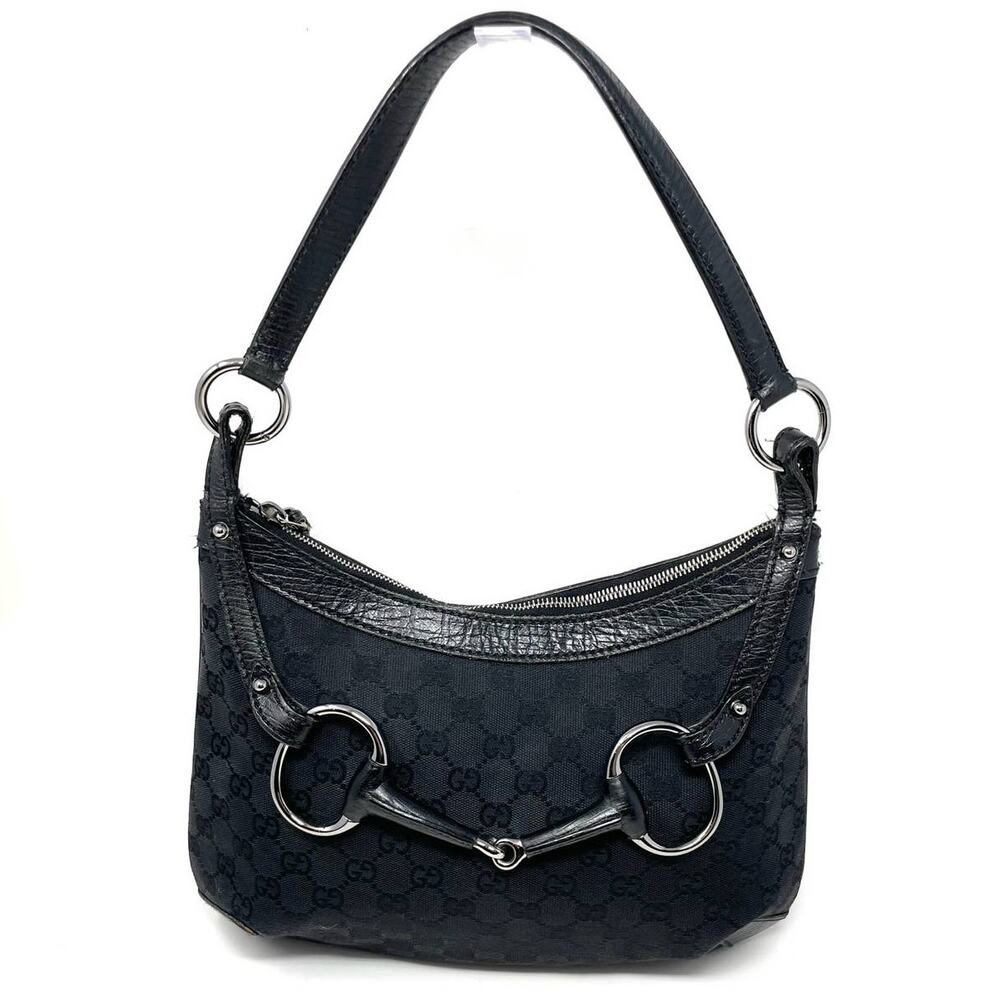 SOLDGucci Horsebit GG Monogram Shoulder Hobo Zip Bag Canvas Leather Black Silver
